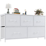 White 5-drawer fabric dresser with wood top, front view