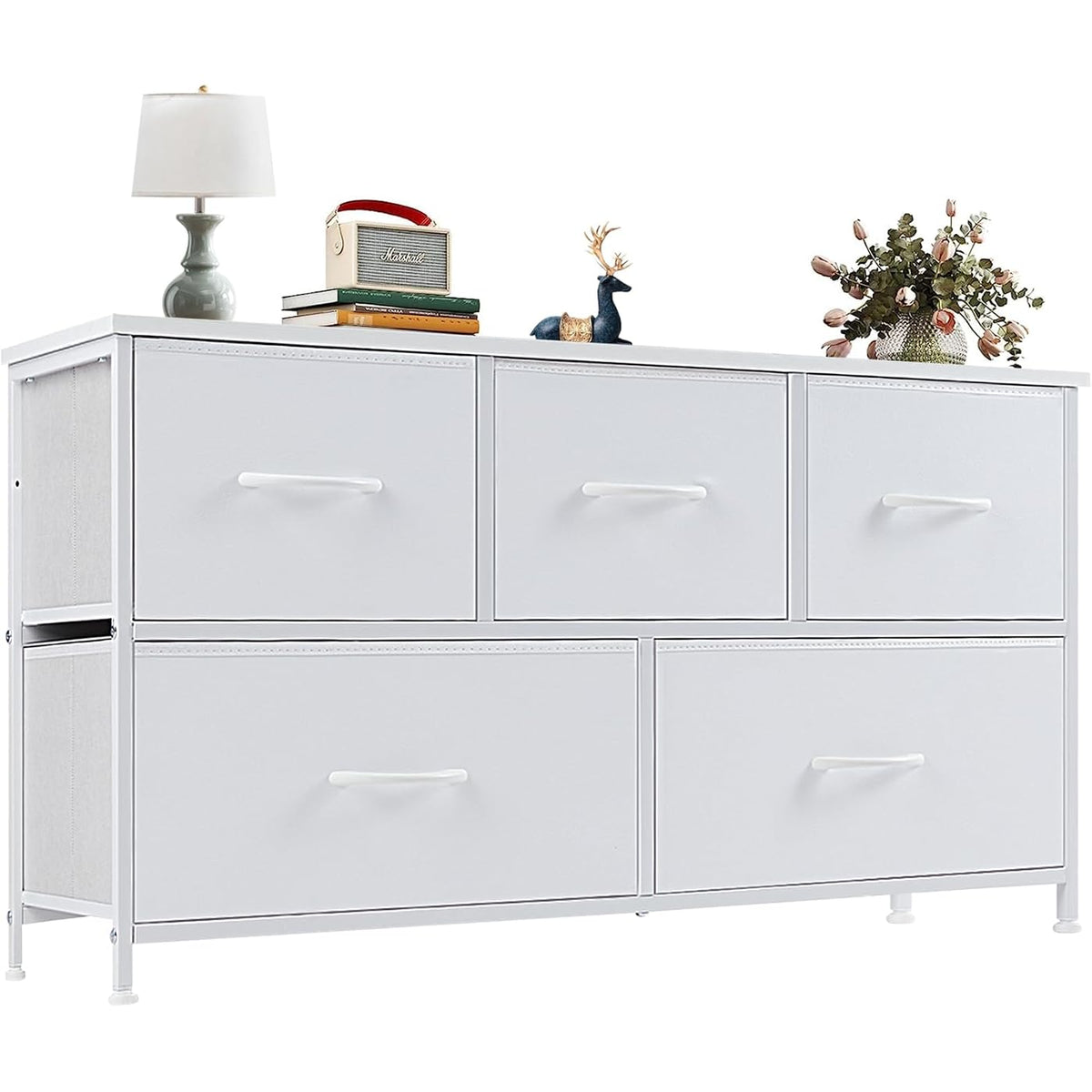 White 5-drawer fabric dresser with wood top, front view