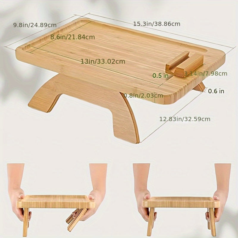 Foldable Bamboo Sofa Armrest Tray Table with Adjustable Phone Holder