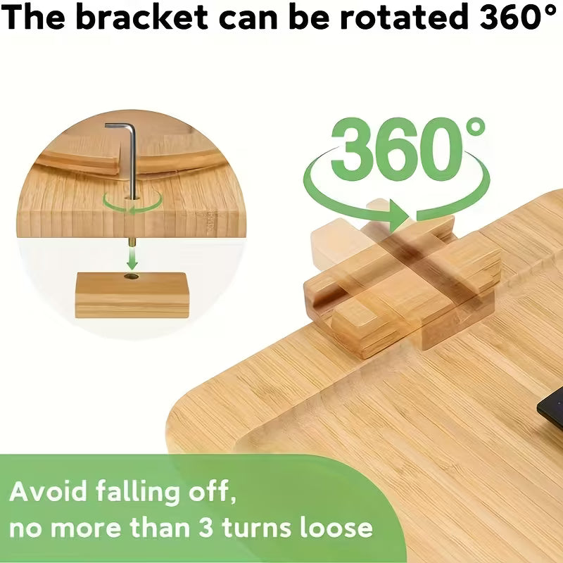 Foldable Bamboo Sofa Armrest Tray Table with Adjustable Phone Holder