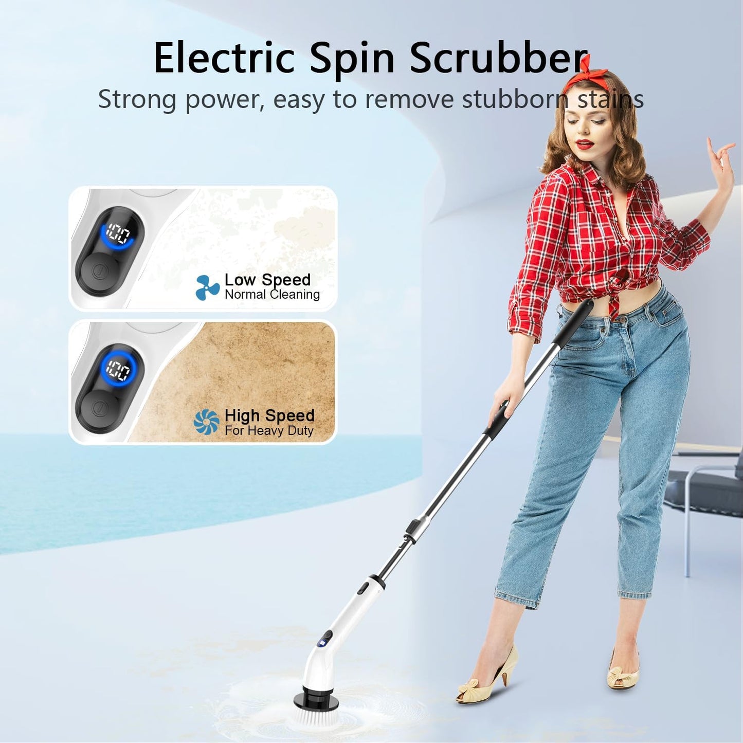 Cordless Electric Spin Scrubber with Long Handle & 8 Brush Heads