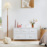 White 5-drawer fabric dresser, angled view