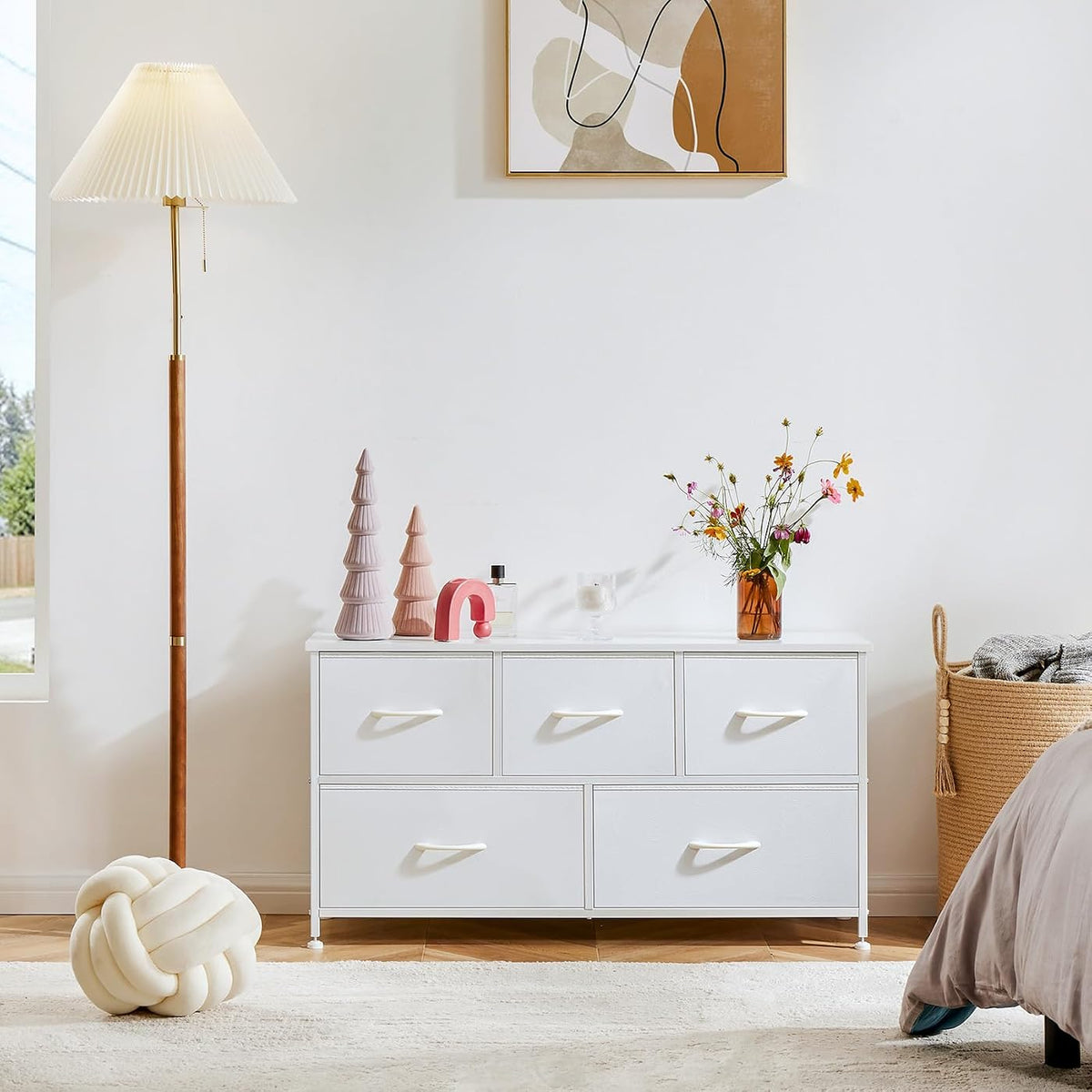 White 5-drawer fabric dresser, angled view