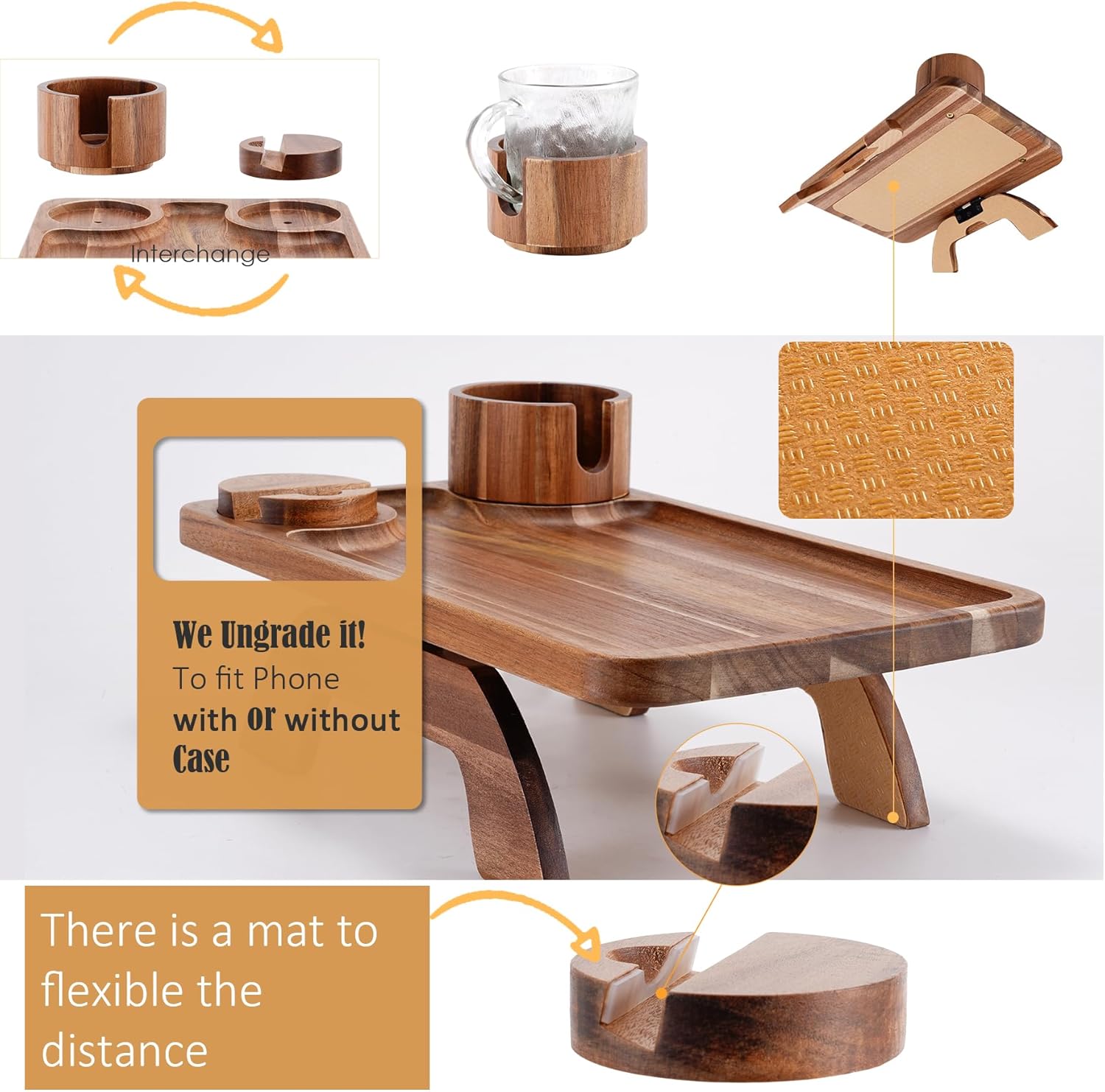 3-in-1 Foldable Sofa Arm Tray Table With 360° Phone Holder