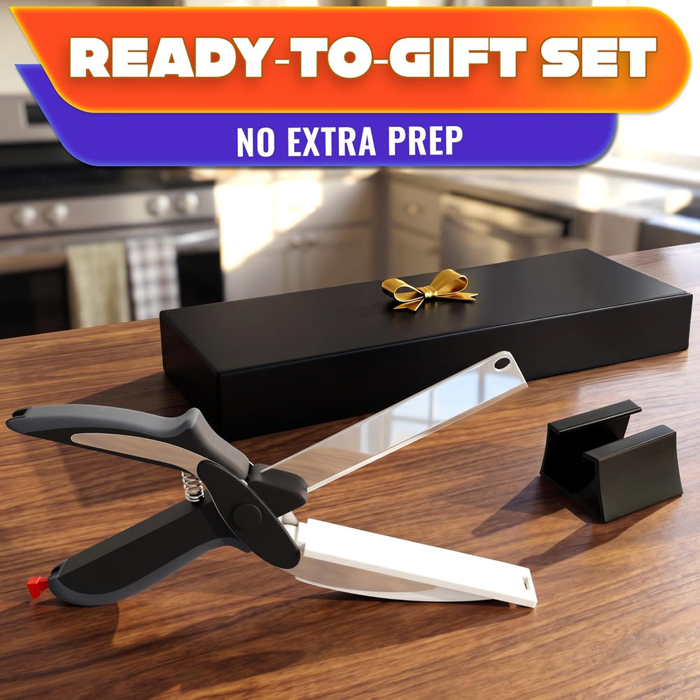 2 in 1 Kitchen Scissors for Food – Stainless Steel 9.5" Tomato Knife Chops Vegetables, Fruit, Cheese, Meat in Seconds | Dishwasher Safe Cutting Board Scissors with Safety Lock – Mess-Free Prep