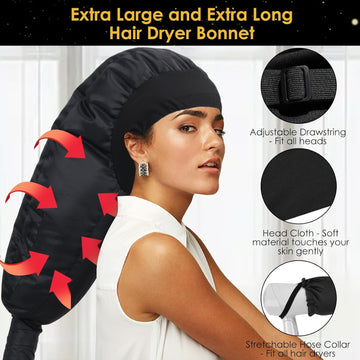 TEPENAR Hair Dryer Bonnet Attachment: Upgraded Extra Large Hooded Dryer Adjustable Hair Dryer Caps - Easy to Use for Natural Curly Textured Hair Care Styling Fast Drying - Black