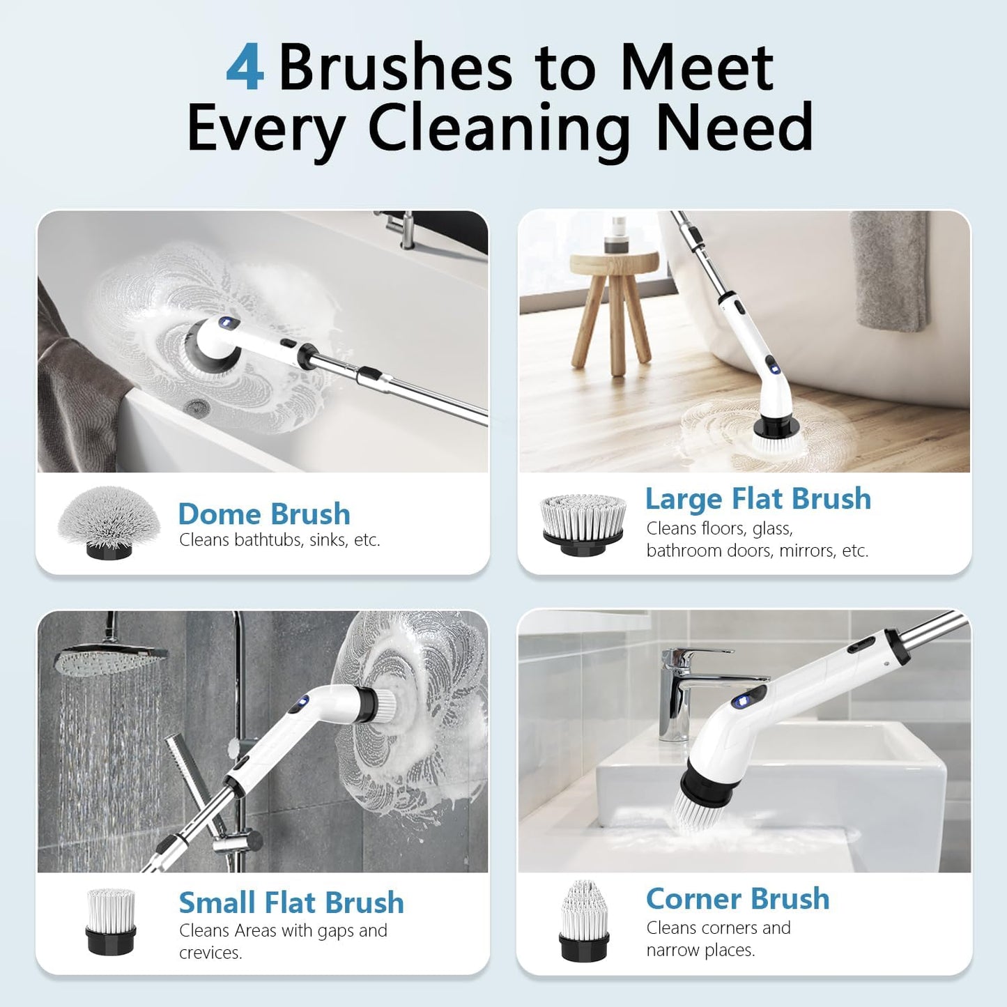 Cordless Electric Spin Scrubber with Long Handle & 8 Brush Heads
