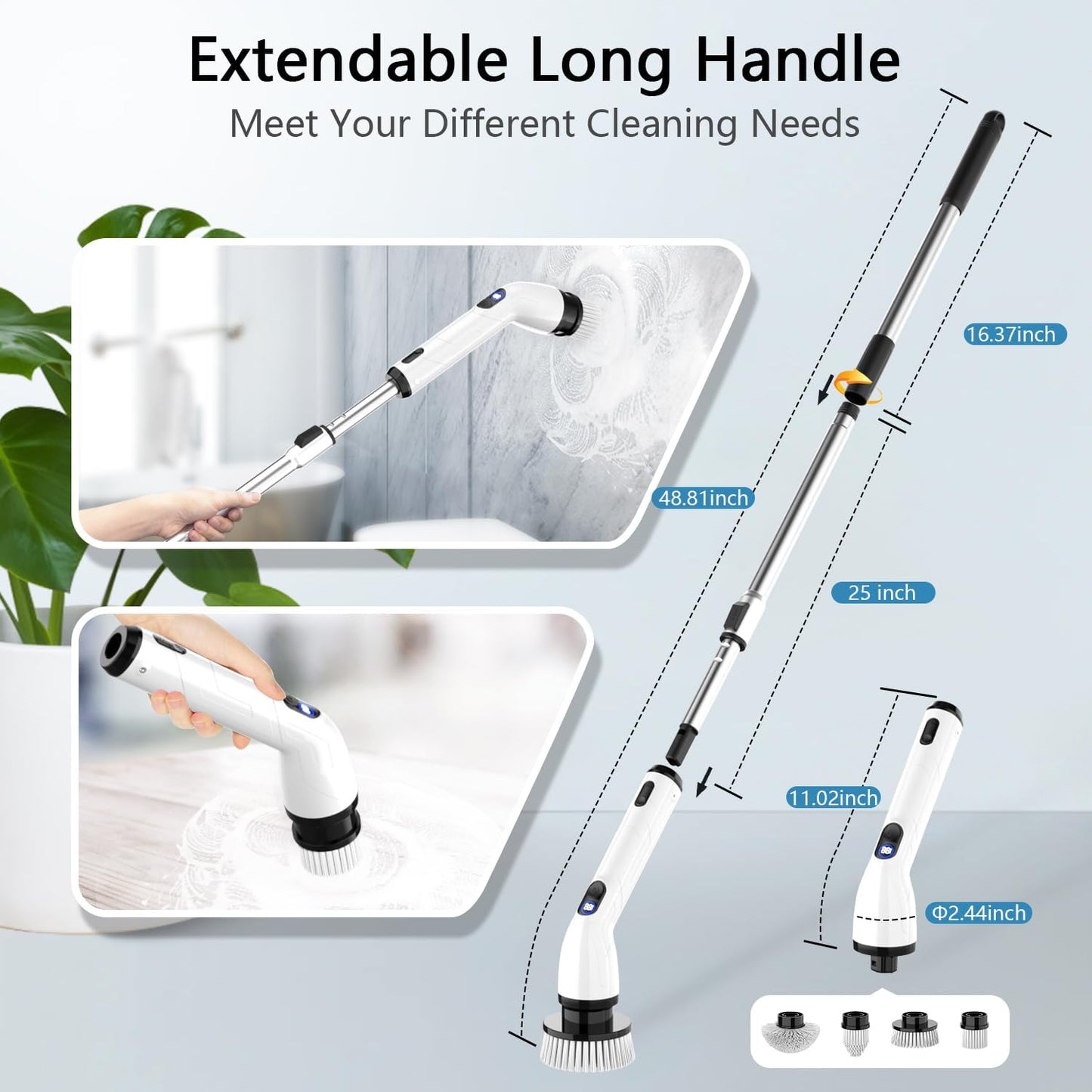 Cordless Electric Spin Scrubber with Long Handle & 8 Brush Heads