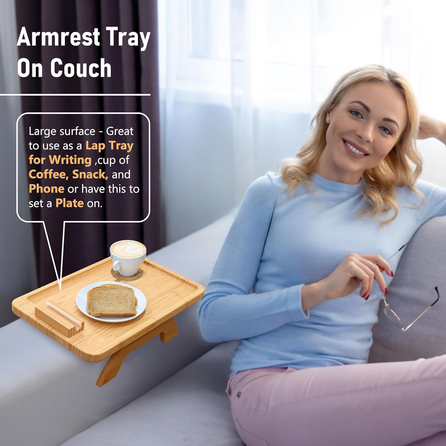 Foldable Bamboo Sofa Armrest Tray Table with Adjustable Phone Holder