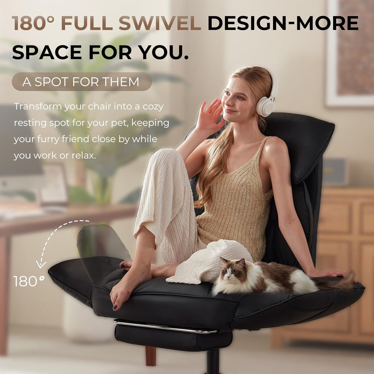 Cross-Legged Recliner Office Chair with Pivoting Armrests & Footrest