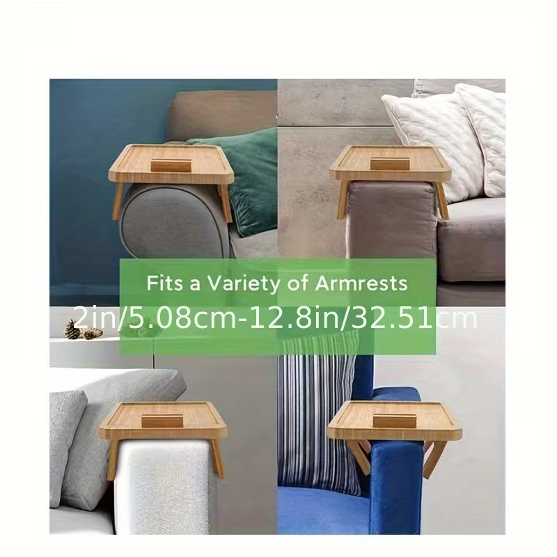 Foldable Bamboo Sofa Armrest Tray Table with Adjustable Phone Holder