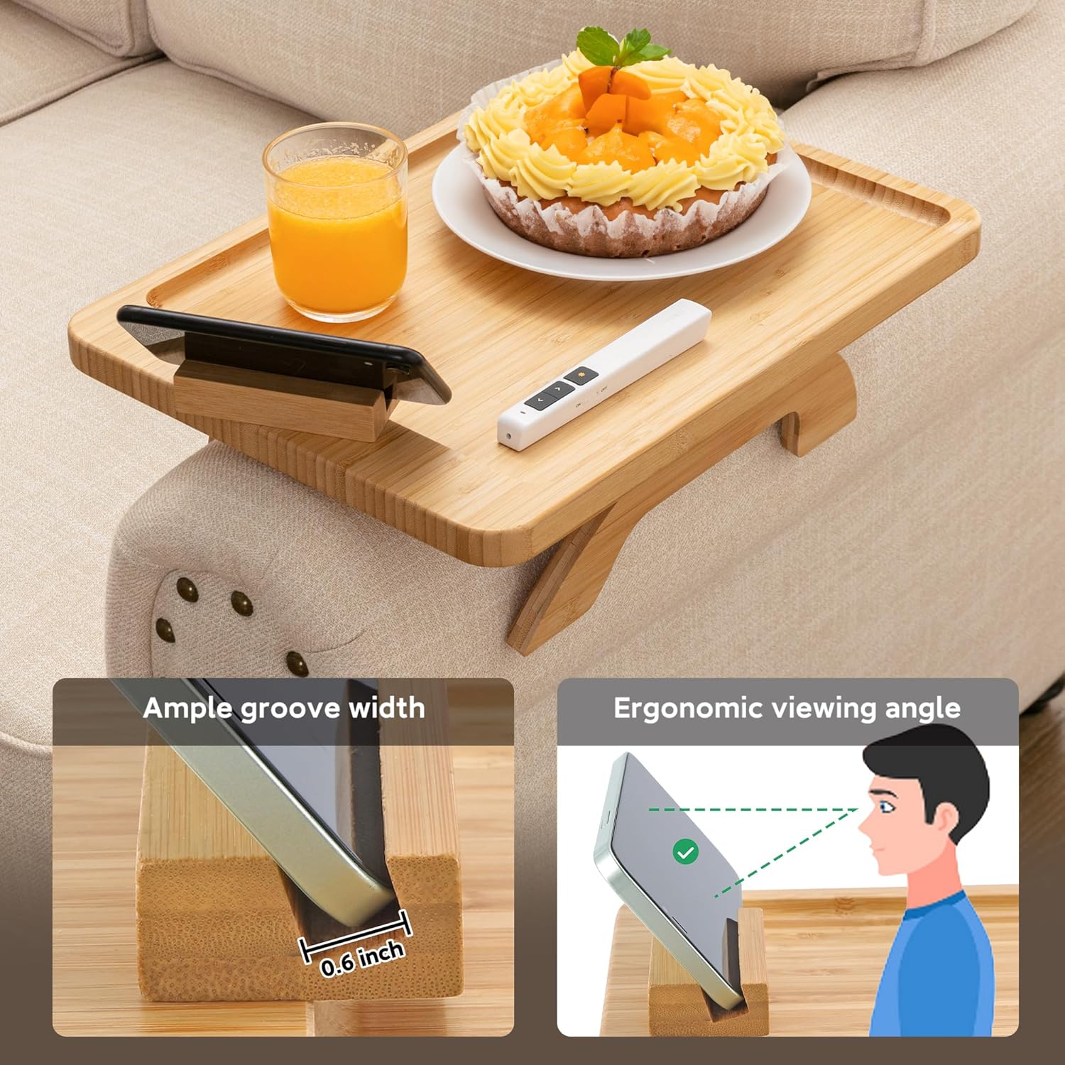 Foldable Bamboo Sofa Armrest Tray Table with Adjustable Phone Holder