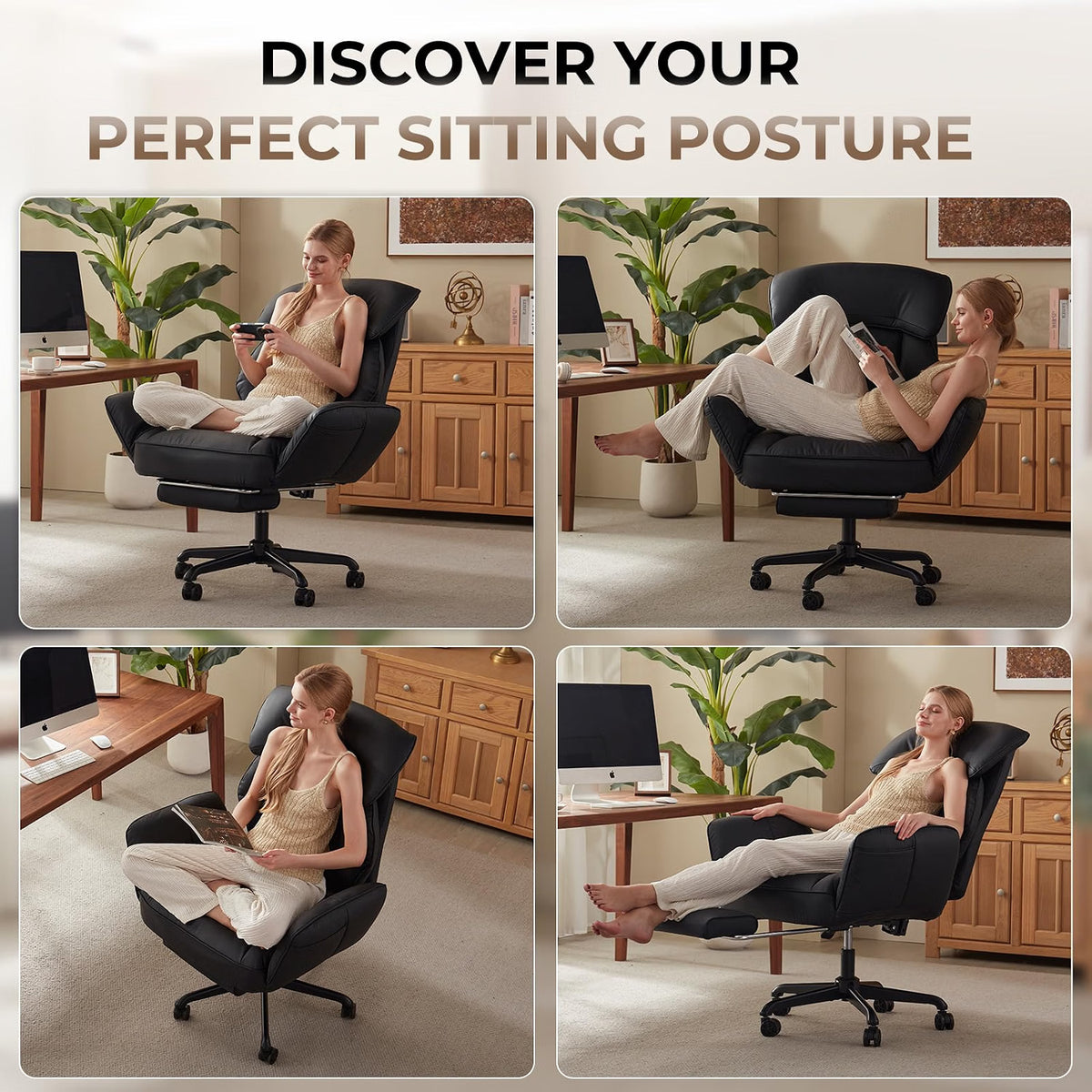 Cross-Legged Recliner Office Chair with Pivoting Armrests & Footrest