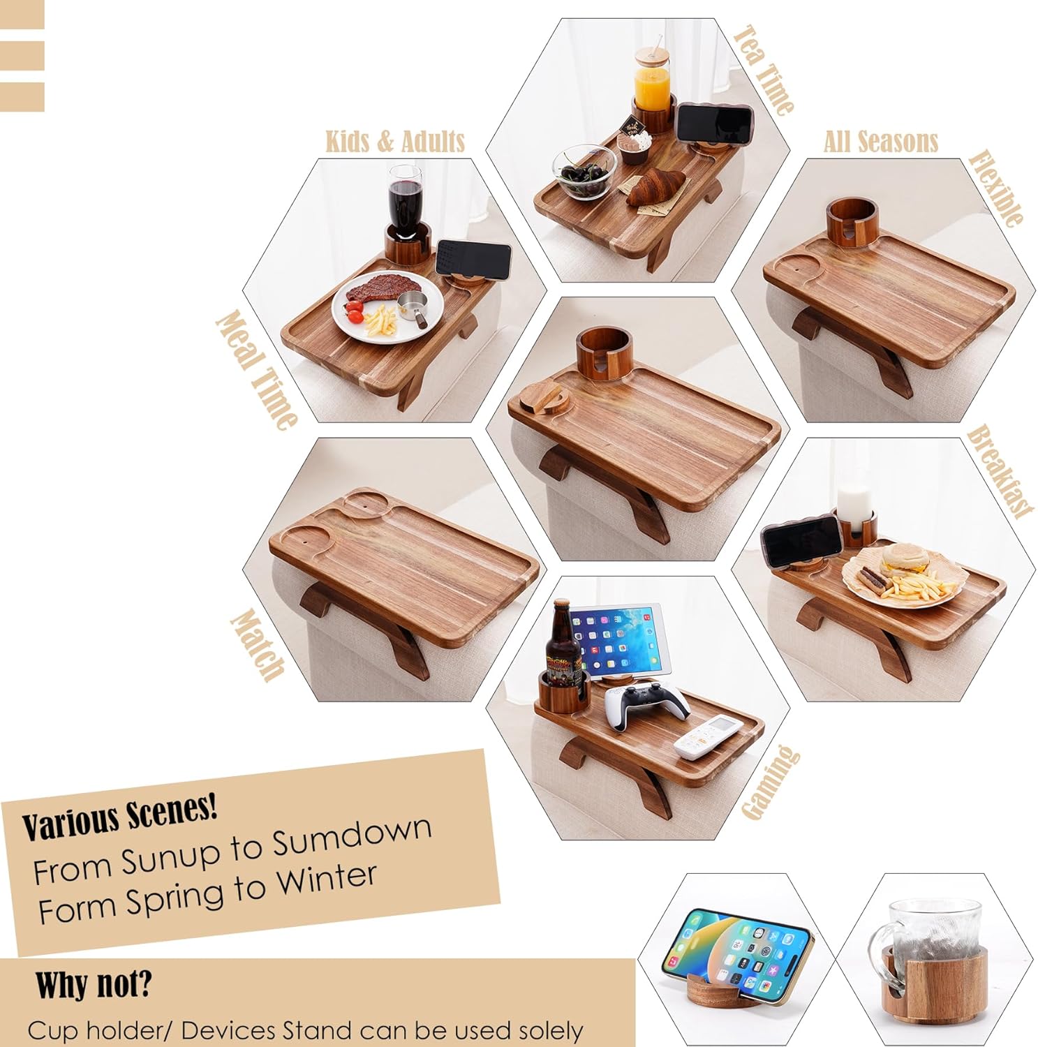 3-in-1 Foldable Sofa Arm Tray Table With 360° Phone Holder