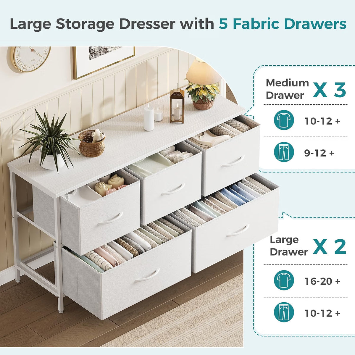 Wide 5-Drawer Fabric Dresser with Wood Top