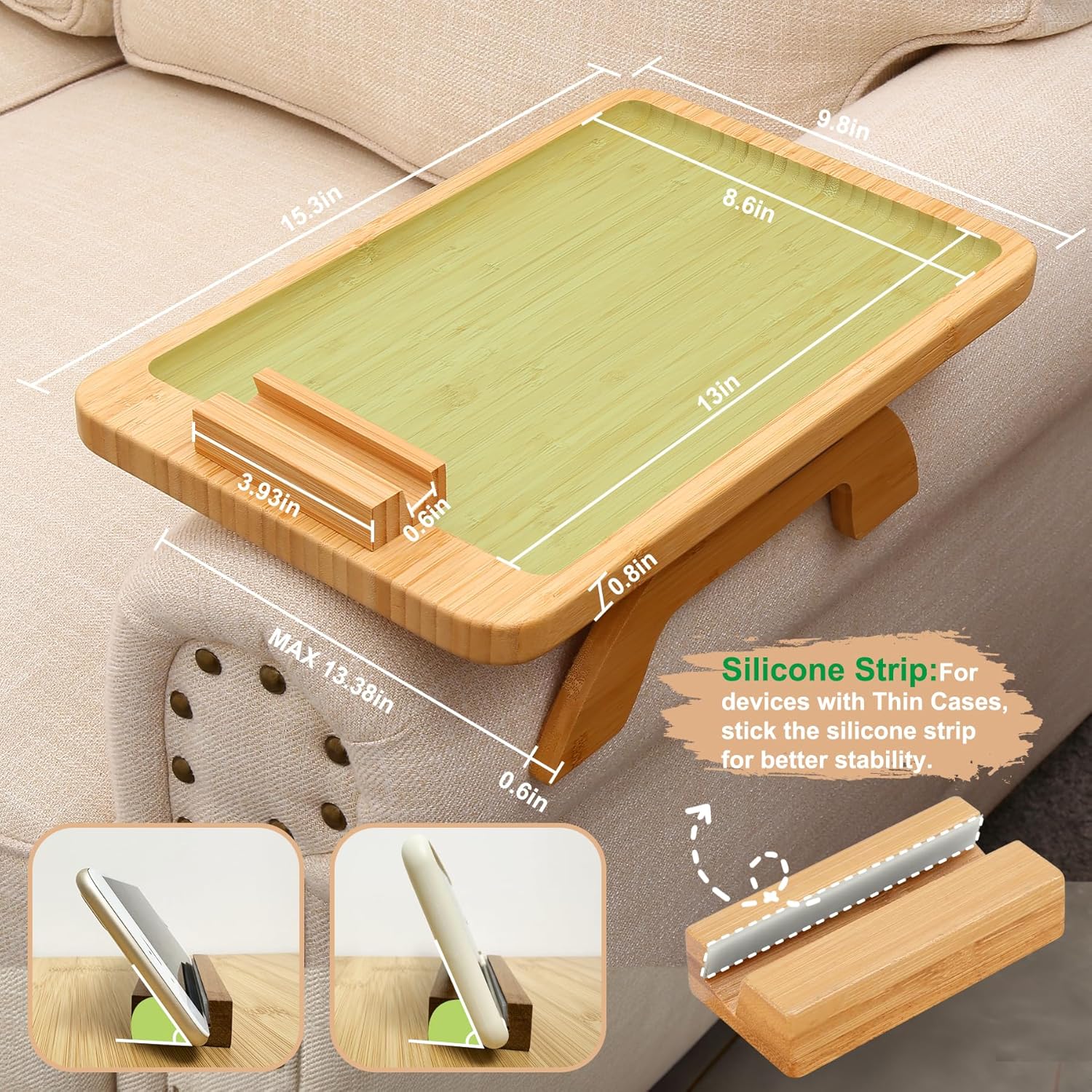 Foldable Bamboo Sofa Armrest Tray Table with Adjustable Phone Holder