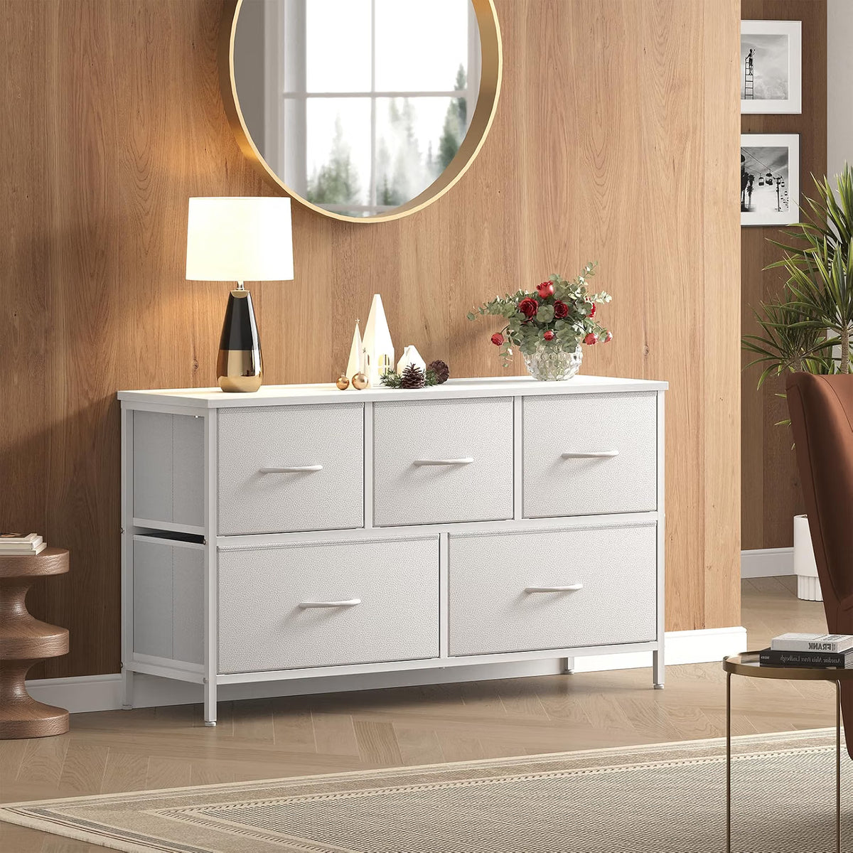 Wide 5-Drawer Fabric Dresser with Wood Top