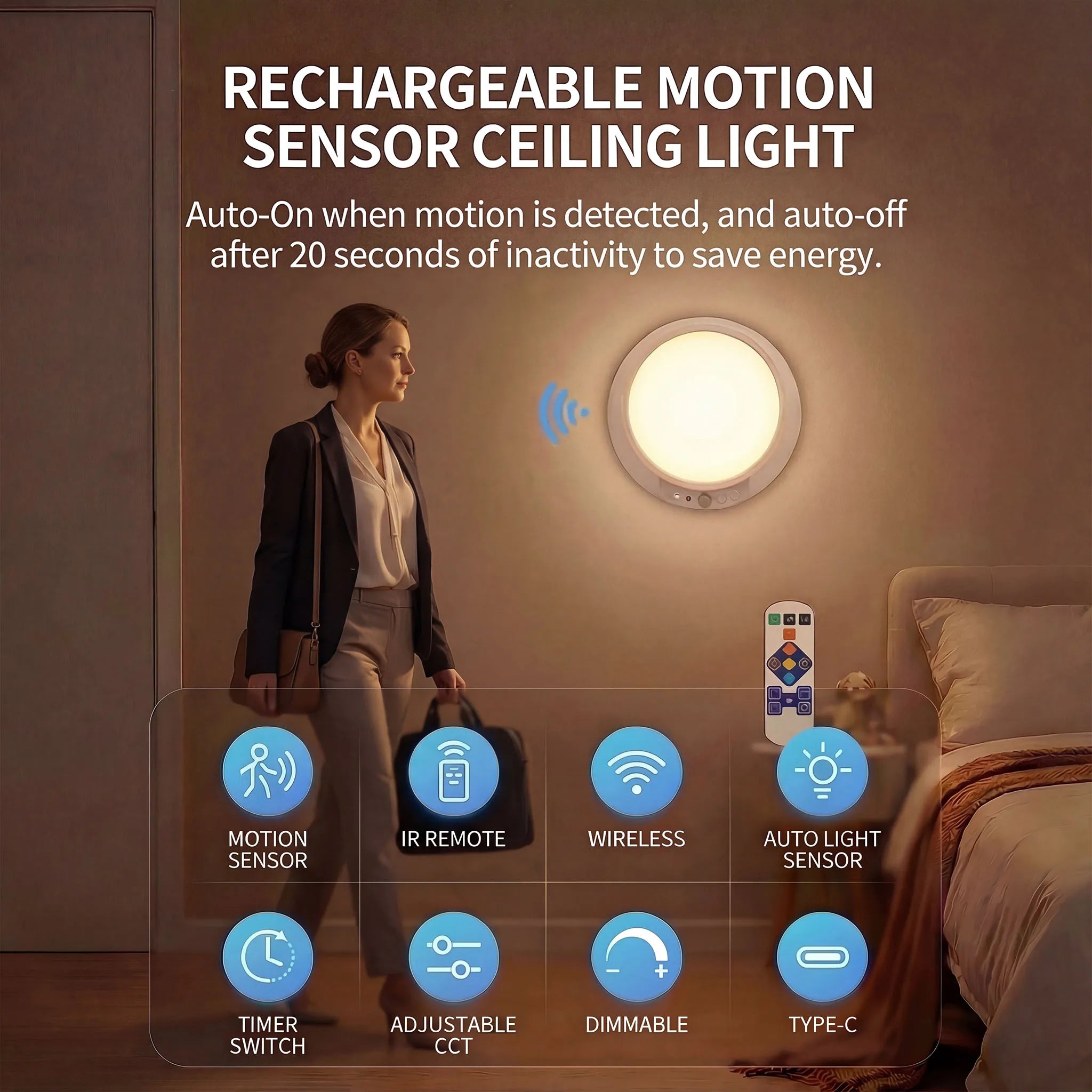 Motion Sensor Ceiling Light – USB-C Rechargeable Magnetic Lamp With Remote