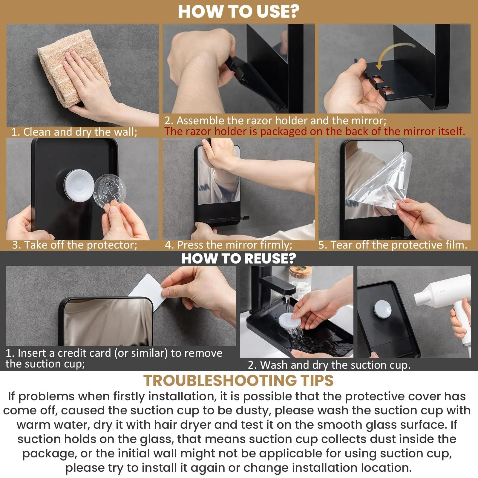 Taili Shower Mirror – Fogless, Rust-Proof, Durable Suction Mount, Razor Holder Included