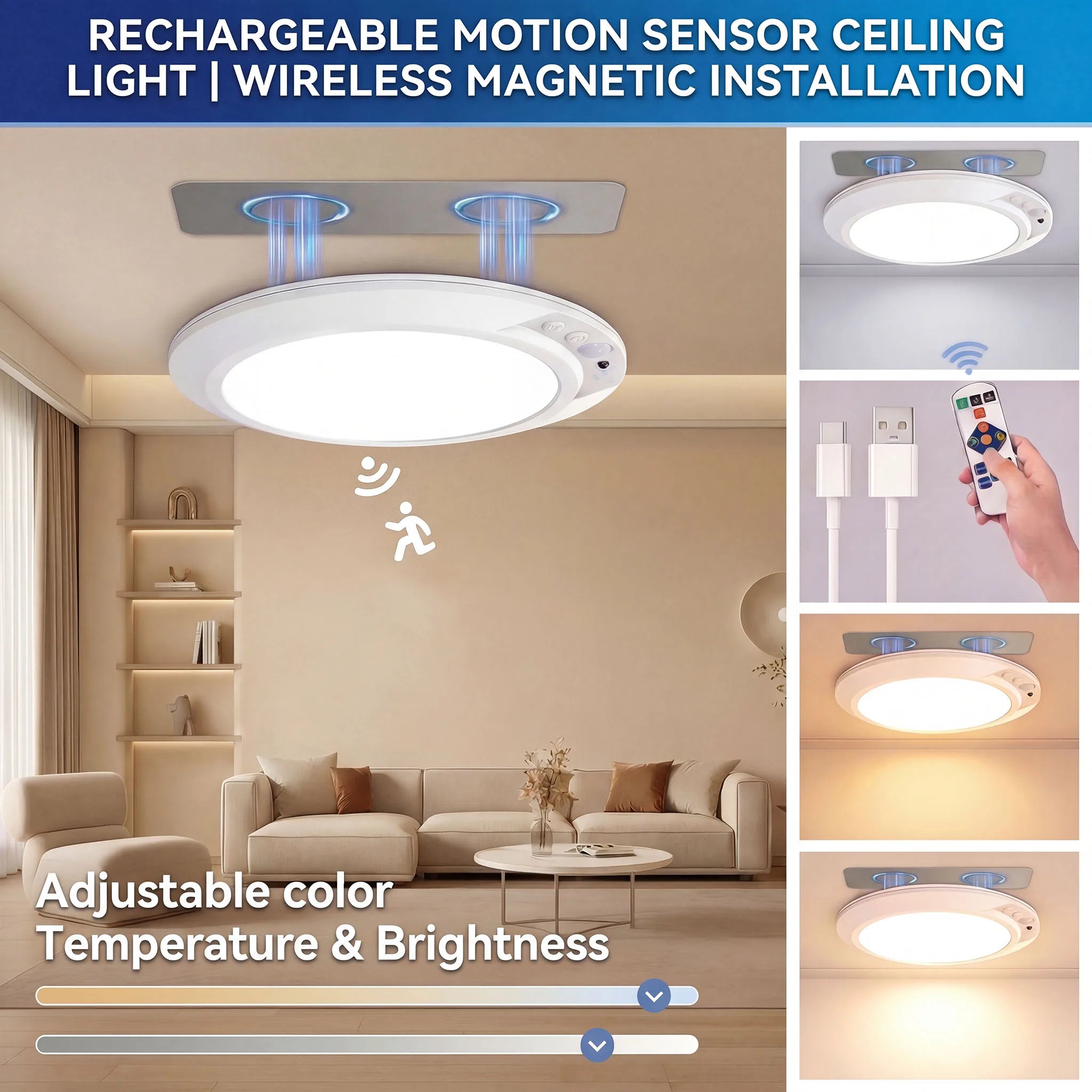 Motion Sensor Ceiling Light – USB-C Rechargeable Magnetic Lamp With Remote