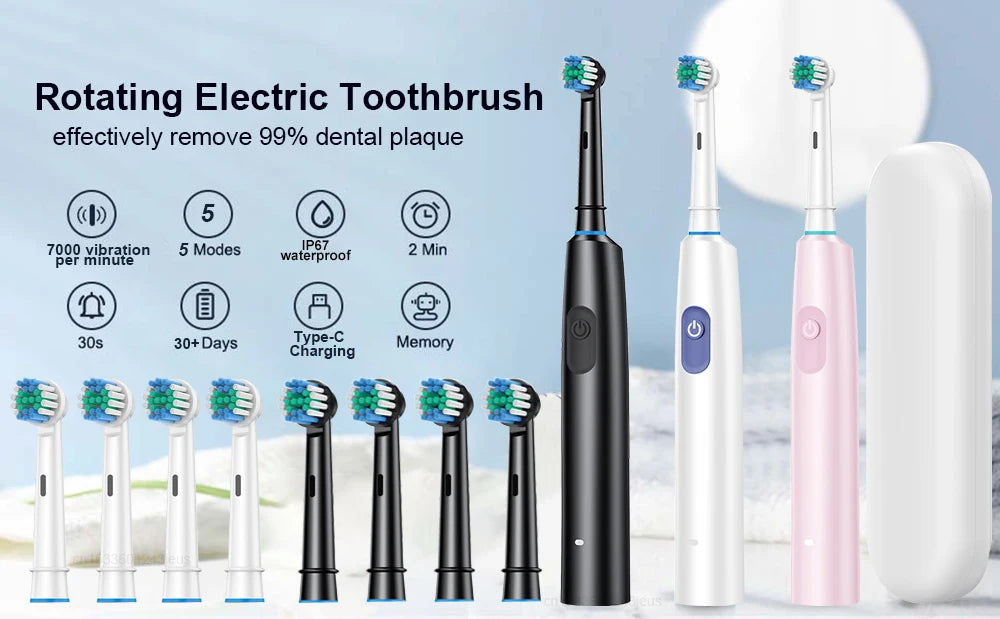 Electric Toothbrush – Deep Clean Whitening With Ultrasonic Rotation And Replacement Heads