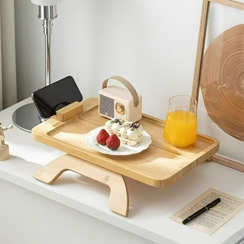 Foldable Bamboo Sofa Armrest Tray Table with Adjustable Phone Holder