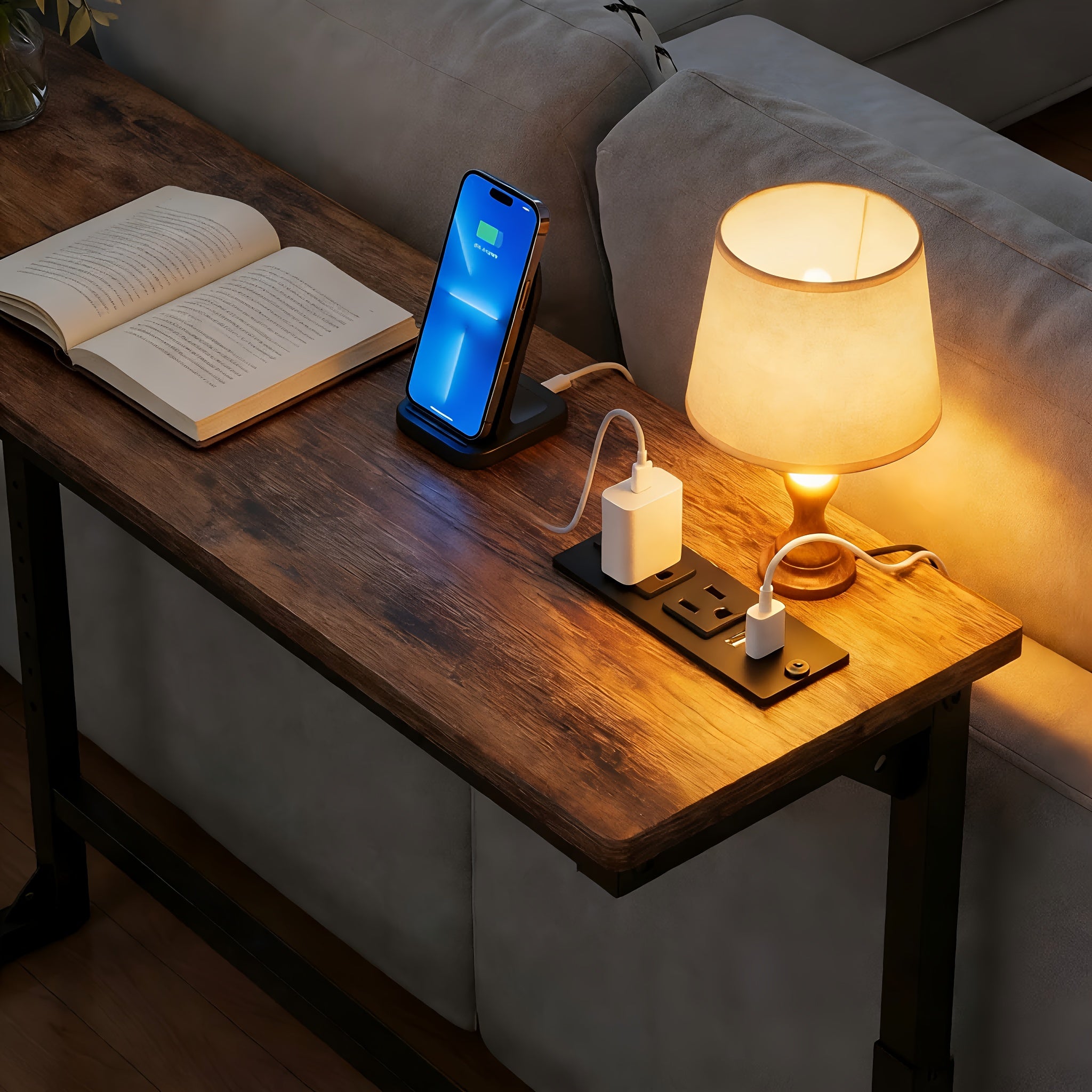 Adjustable Sofa Table – Built-In Outlets, Walnut Top